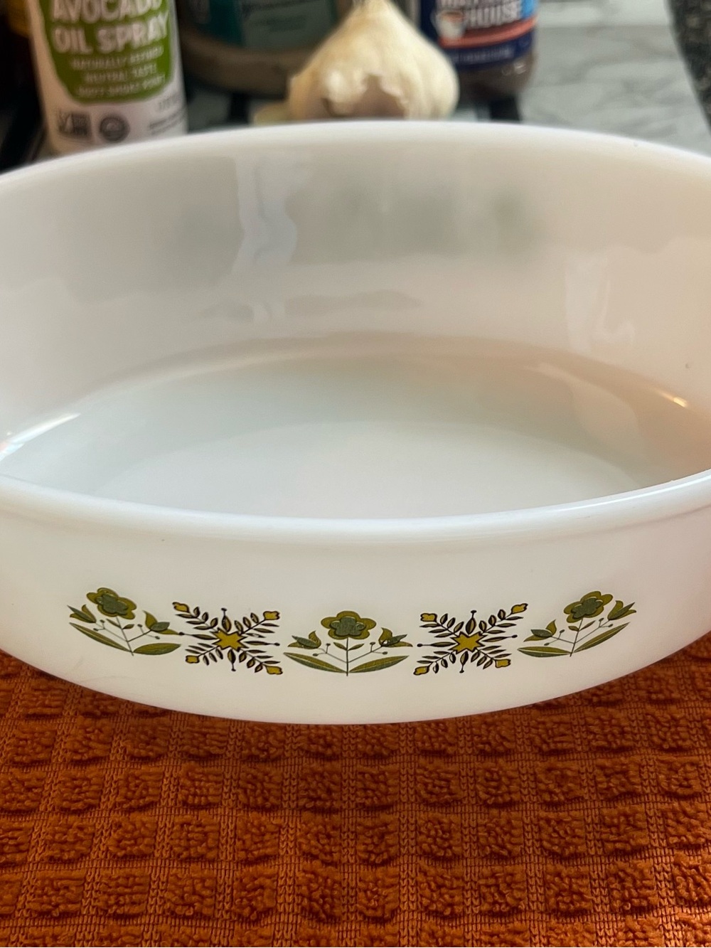 White Casserole Dish with Green Floral Border - Classic Milk Glass